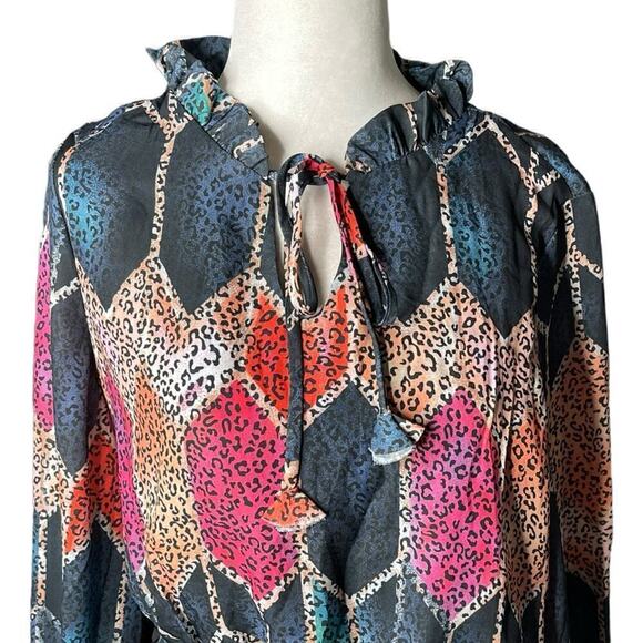 Mulla Long Sleeve Multicolor Animal Print Mini tiered Dress Medium Pink & Blue - Picture 2 of 15